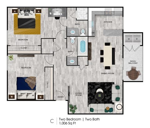 Floor plan for 2 beds, 2 baths, 1006 sqft